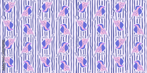 Seamless pattern with stylized pastel birds on vertical striped background. Modern decorative surface design for textile, wallpaper and fashion prints.