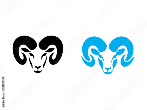 Two ram head logos one black and one blue against a white background