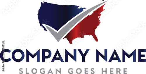 A modern logo design features a stylized united states map with a checkmark and text
