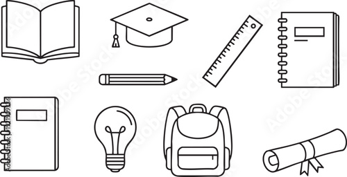 Hand-drawn education icon set with eight black ink symbols including a book and graduation cap.