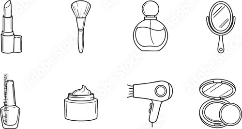 Minimalist line art icon set of eight beauty and cosmetic symbols on a white background.