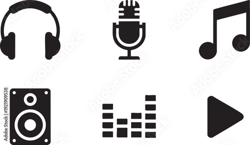 A set of six bold black silhouette icons representing music and audio equipment on white background.