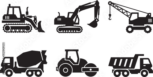 Set of six bold black silhouette icons of construction machinery and heavy equipment.