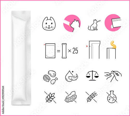 Cat treat lickable creamy snack packaging mockup with user instruction set icons. Vector illustration isolated on white background. Can be use for template your design, presentation, promo, ad. EPS10.