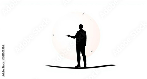 3D vector illustration of a successful businessman silhouette holding an arrow symbol and a surfboard as a creative concept for person work and business success