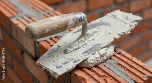 A close-up of a metal trowel with a wooden handle resting on a red brick wall. Fresh grey mortar is spread on the bricks, showing a work in progress at a construction site