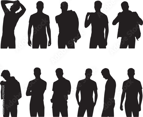 Collection of male silhouettes showing different poses and clothing adjustments