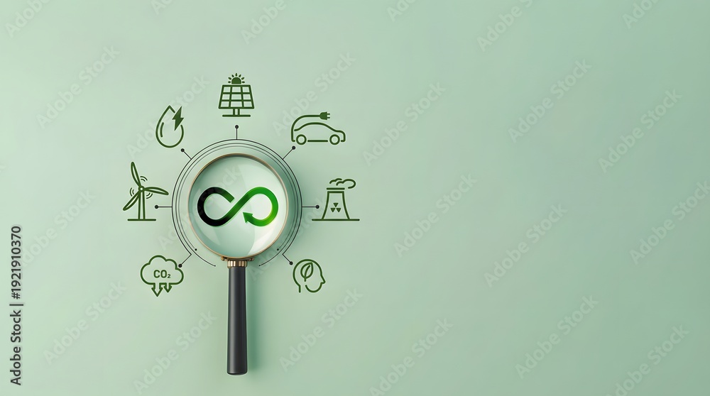 Fototapeta premium Minimalist magnifying glass with infinity symbol and icons for business success, growth, and analysis concept