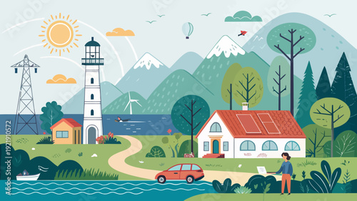 Idyllic landscape with houses, a lighthouse, and wind turbines by a river, featuring a person working on a laptop outdoors.