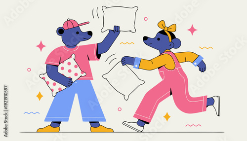 Playful anthropomorphic blue bears having a pillow fight with colorful pillows, amidst sparkling stars and wavy lines.