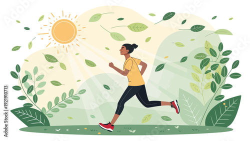 Energetic woman running through a sun-drenched landscape with swirling leaves, conveying a sense of freedom and active living.