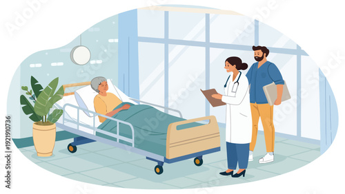 Medical team consulting with a senior patient in a hospital room, highlighting compassionate care and professional medical assistance.