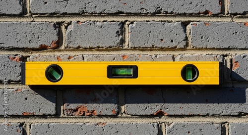 A bright yellow spirit level tool placed against a grey brick wall to check for a straight horizontal line