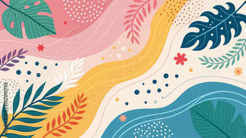 Vibrant abstract background with flowing shapes, tropical leaves, and colorful dots in a cheerful, summery palette.