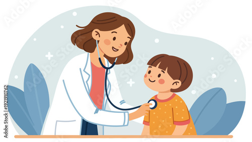 Friendly pediatrician examining a happy child with a stethoscope in a warm, stylized illustration with soft colors and leaves.
