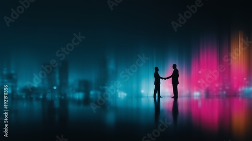Two silhouetted executives shake hands in neon-lit urban environment with cyan and magenta light streams, symbolizing corporate merger agreement, strategic alliance formation, and professional partner