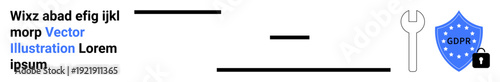 Data protection, compliance, cybersecurity, internet security, legal regulation, privacy assurance. A shield with GDPR text, lock and a wrench icon. Data protection and compliance concept