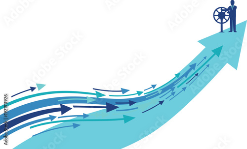Business leader steering corporate growth strategy with many rising arrows symbolizing financial success, professional leadership, direction, progress, and economic development.
