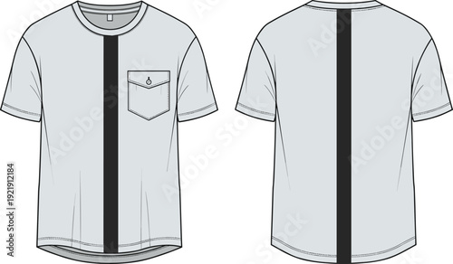 Men crew neck t shirt with pocket and vertical stripe detail cad drawing flat vector illustration technical fashion sketch