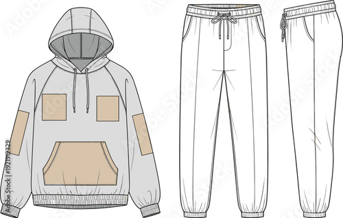 Hoodie and sweatpants tracksuit set cad drawing flat vector illustration technical fashion sketch with pockets and drawstring for streetwear design