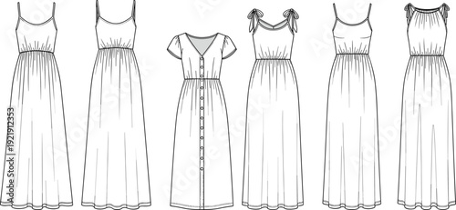 dress, fashion, technical, sketch, apparel, clothing, vector, template, maxi, summer, garment, illustration, outline, design, collection, fashion sketch, technical drawing 