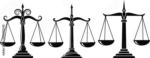 Set of black silhouettes featuring scales of justice in different elegant styles, symbol of law and balance, isolated on white.