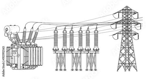 Technical CAD drawing flat vector illustration of an electrical substation with transformer, insulators, and a high voltage power line tower.