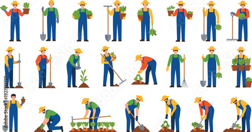 Flat vector illustration set of farmers and gardeners in overalls planting, digging, and holding potted plants on white background.