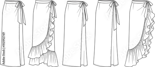 Technical CAD drawing flat vector illustration of long wrap skirts with ruffles and side tie, fashion design template, white background.