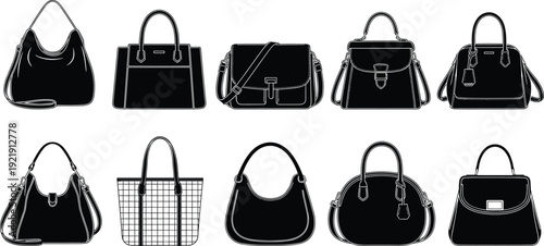 Set of ten black female handbag silhouettes in various styles including tote, satchel, hobo, and crossbody bags, white background.