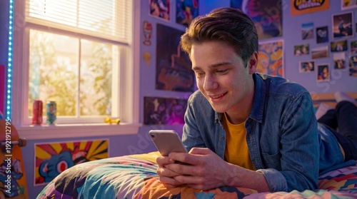 Gen Z lifestyle concept: Happy teenage boy smiling while using a smartphone on his bed, staying connected on social media