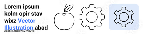 Apple icon with leaf, two gear icons in different styles, and placeholder text. Ideal for technology, education, creativity, nutrition, process, innovation and simple landing page