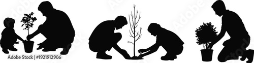 Collection of people silhouette planting trees and gardening, volunteers working together in nature, environment conservation concept, isolated on white background, vector.