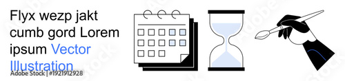 Time management, creative planning, art design, productivity tracking, time awareness, scheduling. Calendar, hourglass hand holding a paintbrush. s time management and creative planning
