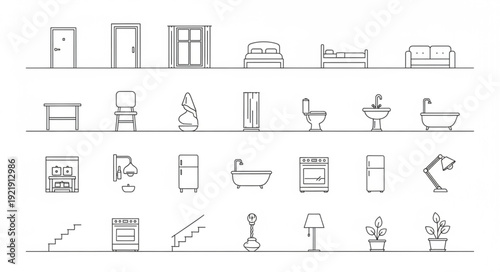 Collection of hand drawn architectural and furniture elements.