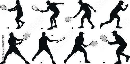 Collection of tennis player silhouettes in various action poses, serving, swinging, and hitting the ball, professional sport, isolated on white, vector.