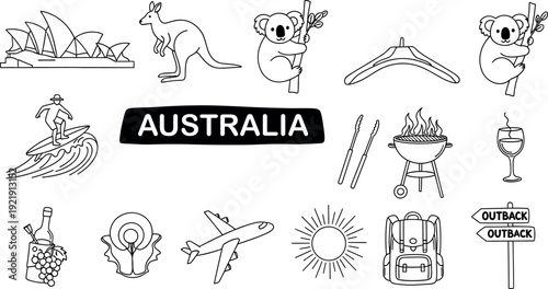 A captivating collection of handdrawn Australian travel icons showcasing famous landmarks native animals and leisure activities vector illustration
