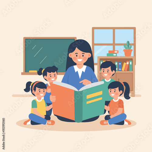 A happy female teacher engages four diverse children in storytelling during a lively classroom reading session, fostering learning and imagination.