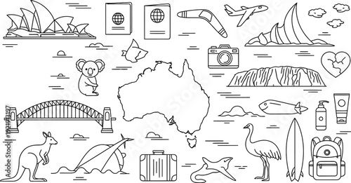 Australian travel and tourism landmark icons vector set featuring nature wildlife and cultural symbols artwork