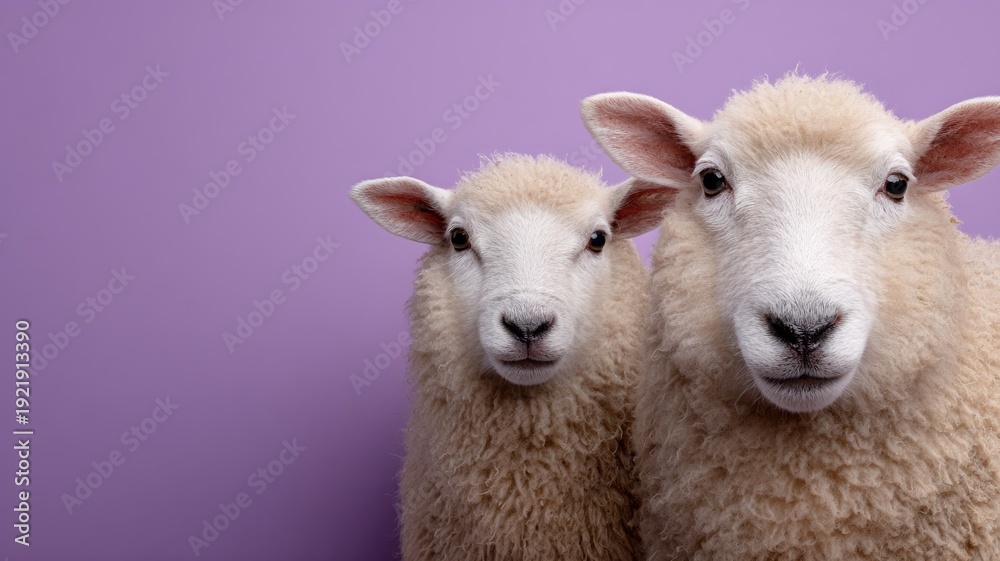 Obraz premium Two sheep with woolly coats against purple background