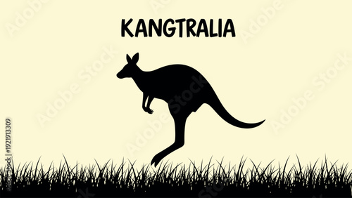 Dynamic black kangaroo silhouette jumping gracefully above detailed grass against a warm light yellow background featuring the playful word Kangtralia