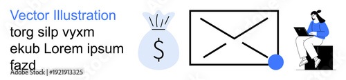 Finance, business communication, online transactions, remote work, digital services, email. Money bag symbol, envelope and person using a laptop. Finance and business communication concept