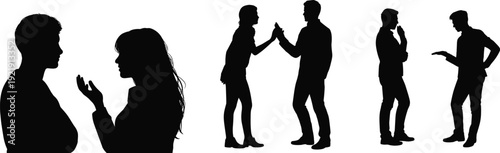 Silhouette of a happy multi-generational family standing together in a row, parents, grandparents and children holding hands, isolated on white background.