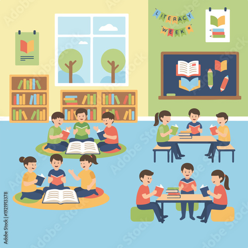 Diverse children happily read books in a colorful classroom or library, with some on floor mats and others at tables, celebrating literacy.