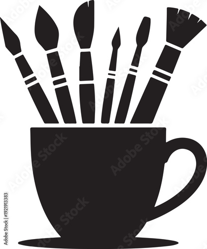 Paint Brushes in Cup Icon – Art Tools Silhouette Vector