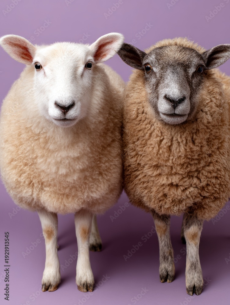 Fototapeta premium Two fluffy sheep standing on purple background