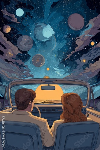 Vector illustration of a man and woman traveling together in a car through space