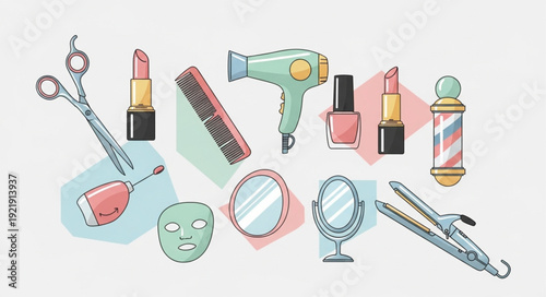 Collection of beauty and hair salon tools and products.