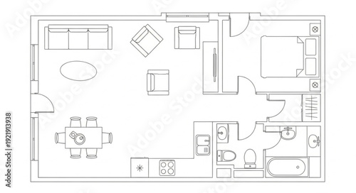 Architectural floor plan drawing of a modern apartment layout.