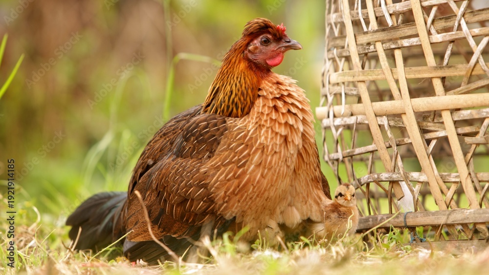 Fototapeta premium Brown chickens on traditional poultry farm with hem
